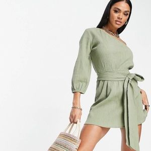 one shoulder belted crinkle beach mini dress